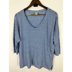 Chicos Striped Linen Top Womens XL Blue White Striped 3/4 Sleeve Preppy Coastal